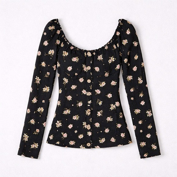 no boundaries Tops - No Boundaries Black Floral Long Sleeve Scoop Neck Top Size M
